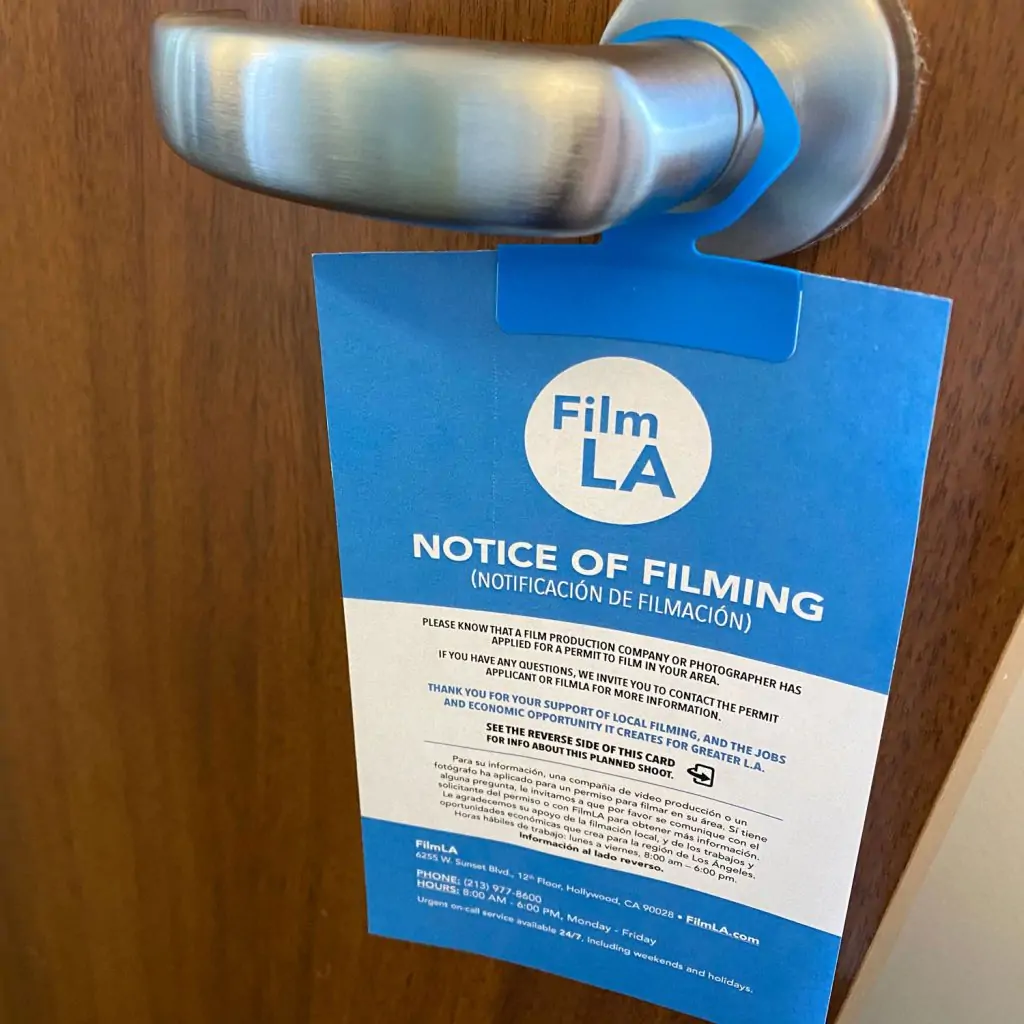 Notice of Filming on door knob