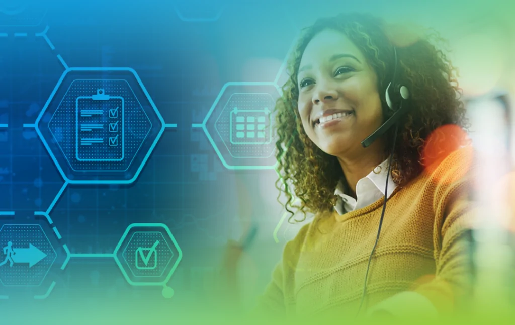 Permit Coordinator smiling with headset on and with planning icons in background