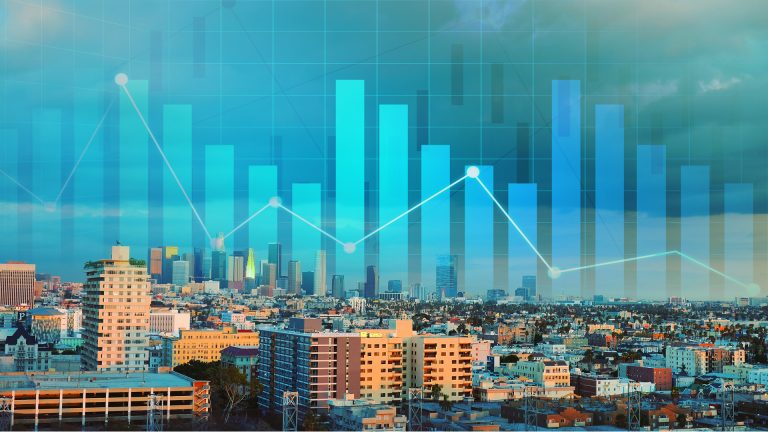 Los Angeles downtown skyline with graph and line bars overlaid